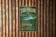 A vintage-style sign for the Tar Hollow State Forest, featuring a scenic landscape with a waterfall and forest.