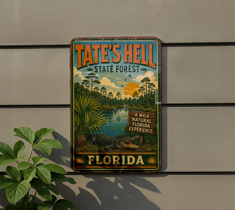 A vintage-style metal sign for Tate's Hell State Forest in Florida, featuring a tropical landscape with palm trees, a lake, and an alligator.