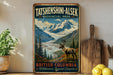 A vintage-style sign for Tatshenshini-Alsek Provincial Park in British Columbia, Canada, featuring a scenic mountain landscape with a reindeer in the foreground.