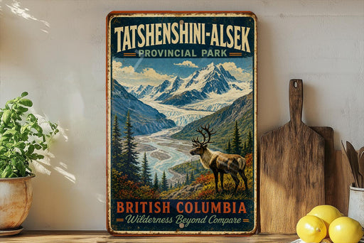 A vintage-style sign for Tatshenshini-Alsek Provincial Park in British Columbia, Canada, featuring a scenic mountain landscape with a reindeer in the foreground.