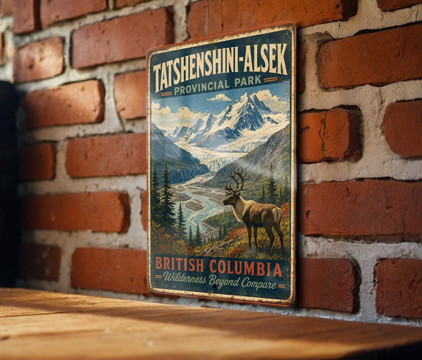 A vintage-style metal sign for Tatshenshini-Alsek Provincial Park in British Columbia, Canada, featuring a scenic mountain landscape with a moose in the foreground.