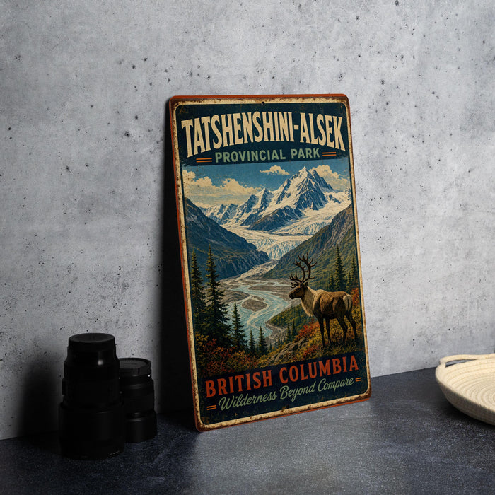 A vintage-style metal sign for Tatshenshini-Alsek Provincial Park in British Columbia, featuring a scenic mountain landscape with a reindeer.