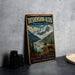A vintage-style metal sign for Tatshenshini-Alsek Provincial Park in British Columbia, featuring a scenic mountain landscape with a reindeer.