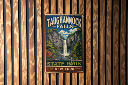 A vintage metal sign for Taughannock Falls State Park in New York, featuring a waterfall and lush greenery.