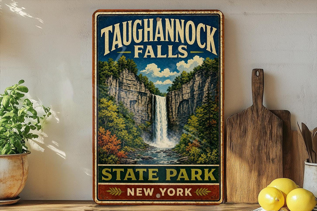 A vintage-style sign for Taughannock Falls, a waterfall located in New York State Park, New York.