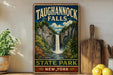 A vintage-style sign for Taughannock Falls, a waterfall located in New York State Park, New York.