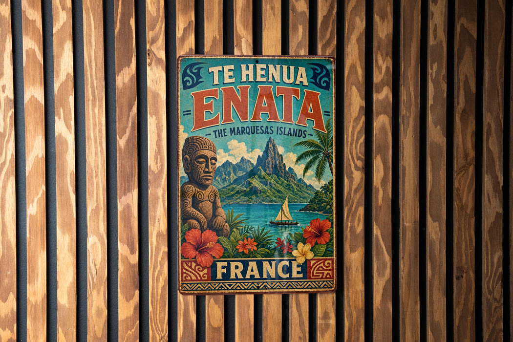 A vintage-style metal sign with a tropical island landscape and a statue, mounted on a wooden wall.