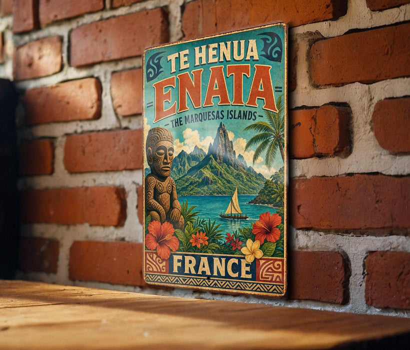 A vintage-style poster advertising the Te Henua Enata, a tropical island in the Marquesas Islands, France.