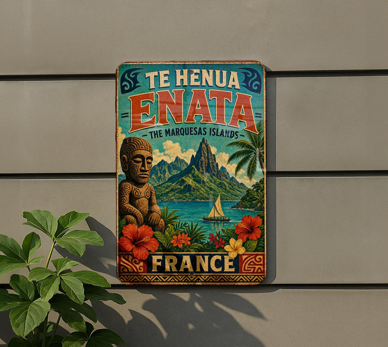 A vintage-style metal sign with a tropical island landscape, featuring a tiki statue, flowers, and a sailboat, mounted on a wall.