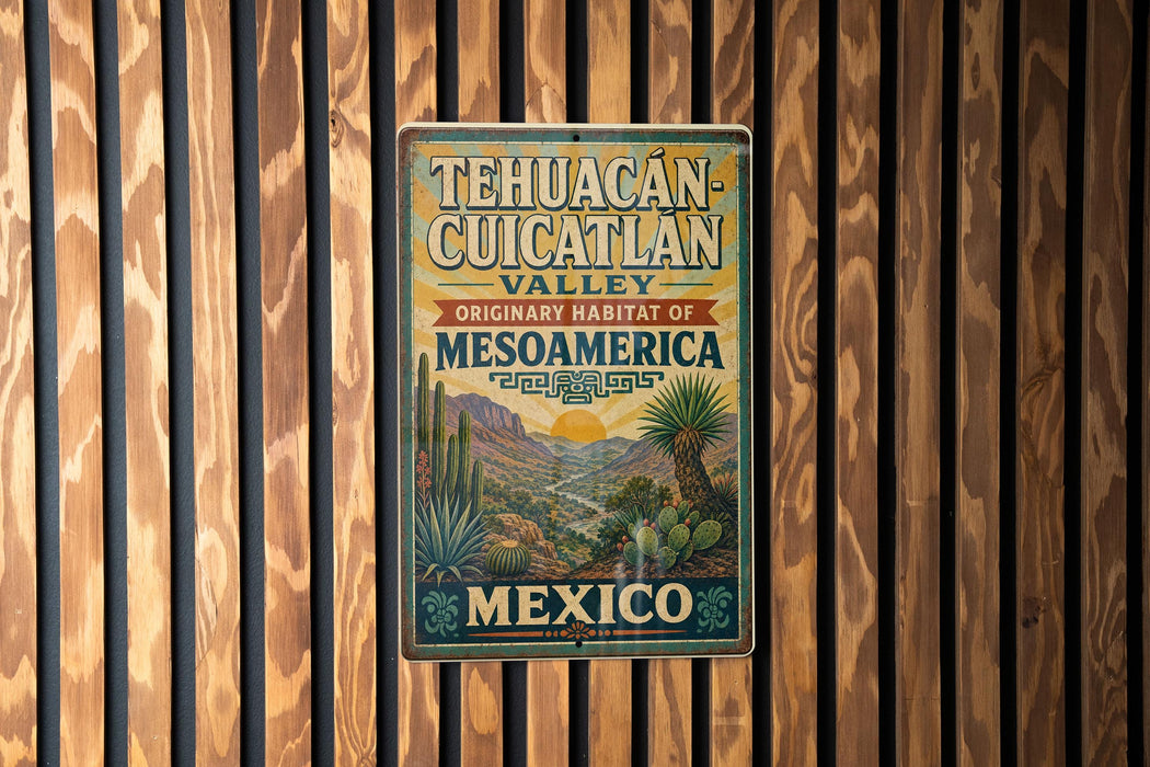 A vintage-style metal sign with text and illustrations of a desert landscape, mounted on a wooden wall.