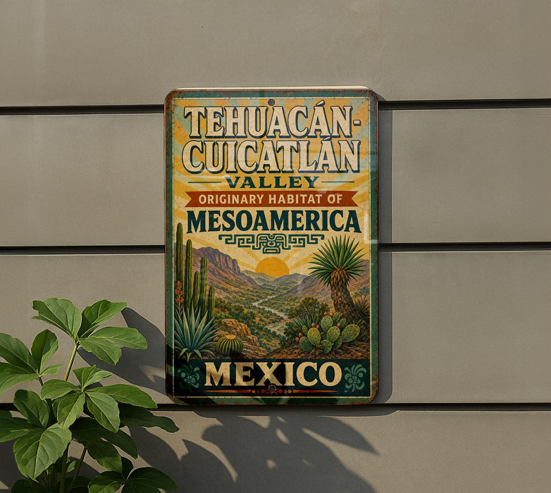 A vintage-style metal sign with text and illustrations of a desert landscape, mounted on a wall.