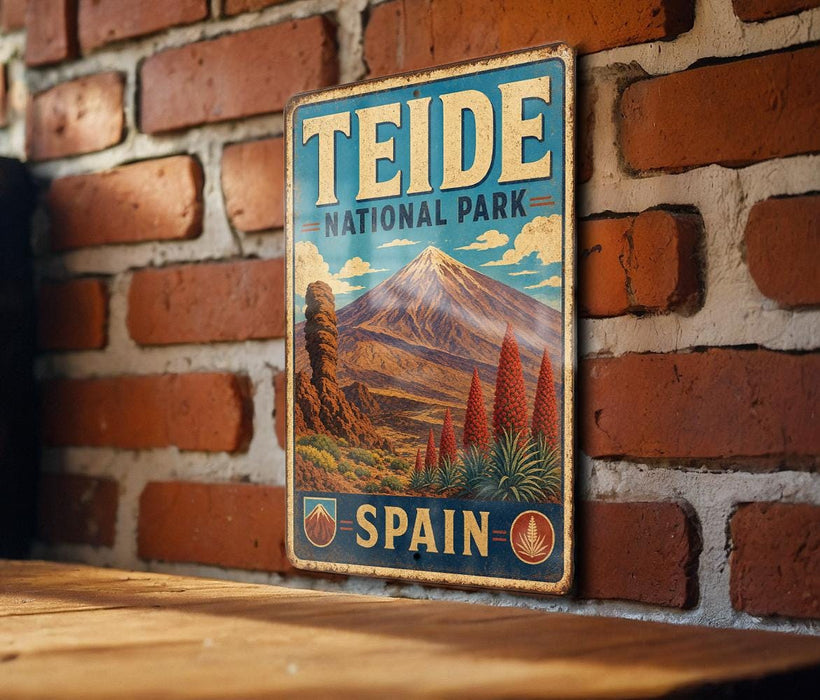 A vintage-style metal sign for Teide National Park in Spain, featuring a mountain landscape with a prominent peak and a blue sky with clouds.