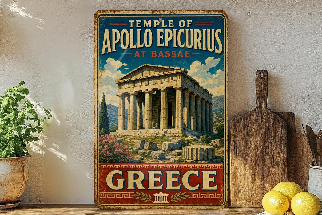 A vintage-style sign for the Temple of Apollo Episcus in Bassae, Greece, featuring an illustration of the ancient Greek temple against a cloudy sky.
