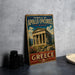 A vintage-style metal sign for the Temple of Apollo Episcus in Bassa, Greece, featuring an illustration of the ancient Greek temple.