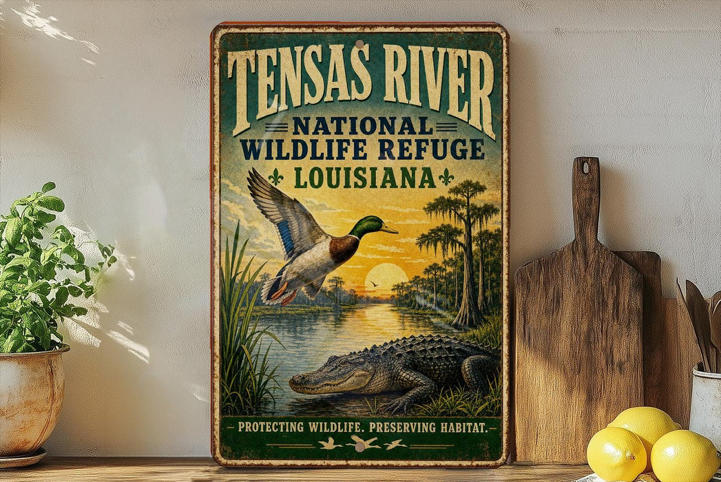 A vintage-style sign for the Tensas River National Wildlife Refuge in Louisiana, featuring an illustration of a duck and alligator in a natural setting.
