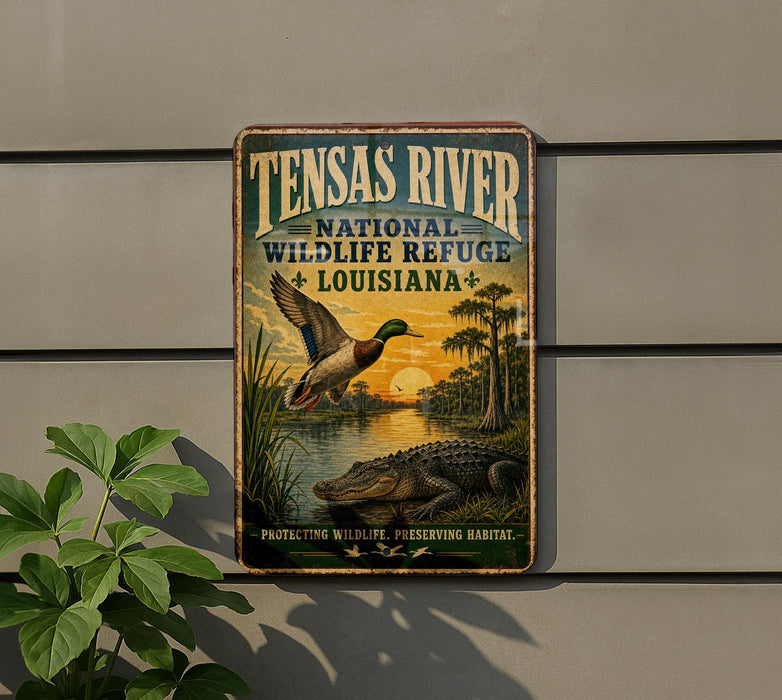 A vintage-style metal sign for the Tensas River National Wildlife Refuge in Louisiana, featuring an illustration of a bird and a crocodile in a natural setting.