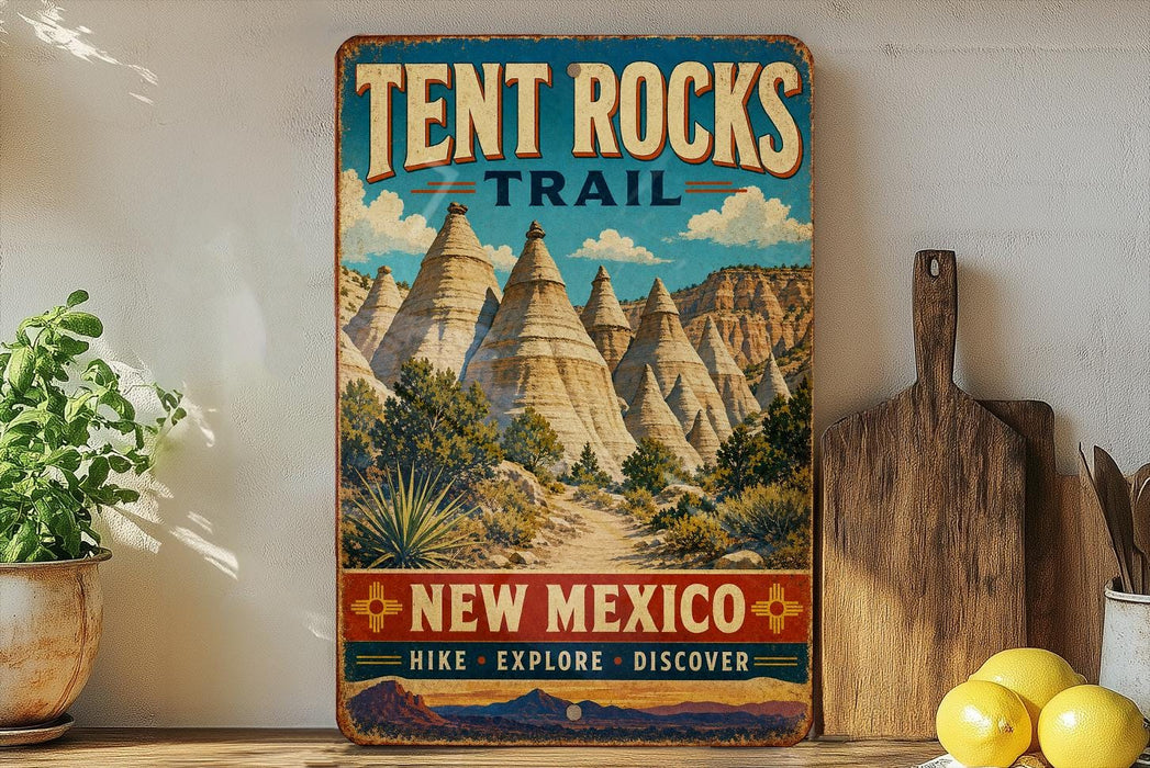 A vintage-style sign for the Tent Rocks Trail in New Mexico, featuring a scenic illustration of the rock formations.