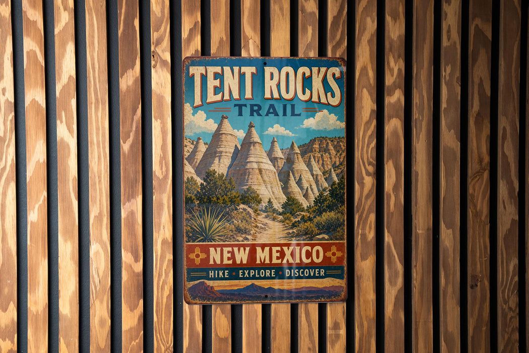 A vintage metal sign for the Tent Rocks Trail in New Mexico, featuring a scenic illustration of the rock formations and a message encouraging hikers to explore and discover the trail.