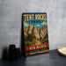A vintage metal sign advertising the Tent Rocks Trail in New Mexico, featuring a scenic illustration of the rock formations.