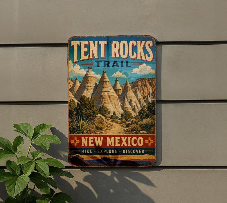 A vintage-style sign for the Tent Rocks Trail in New Mexico, featuring a scenic illustration of the rock formations and desert landscape.