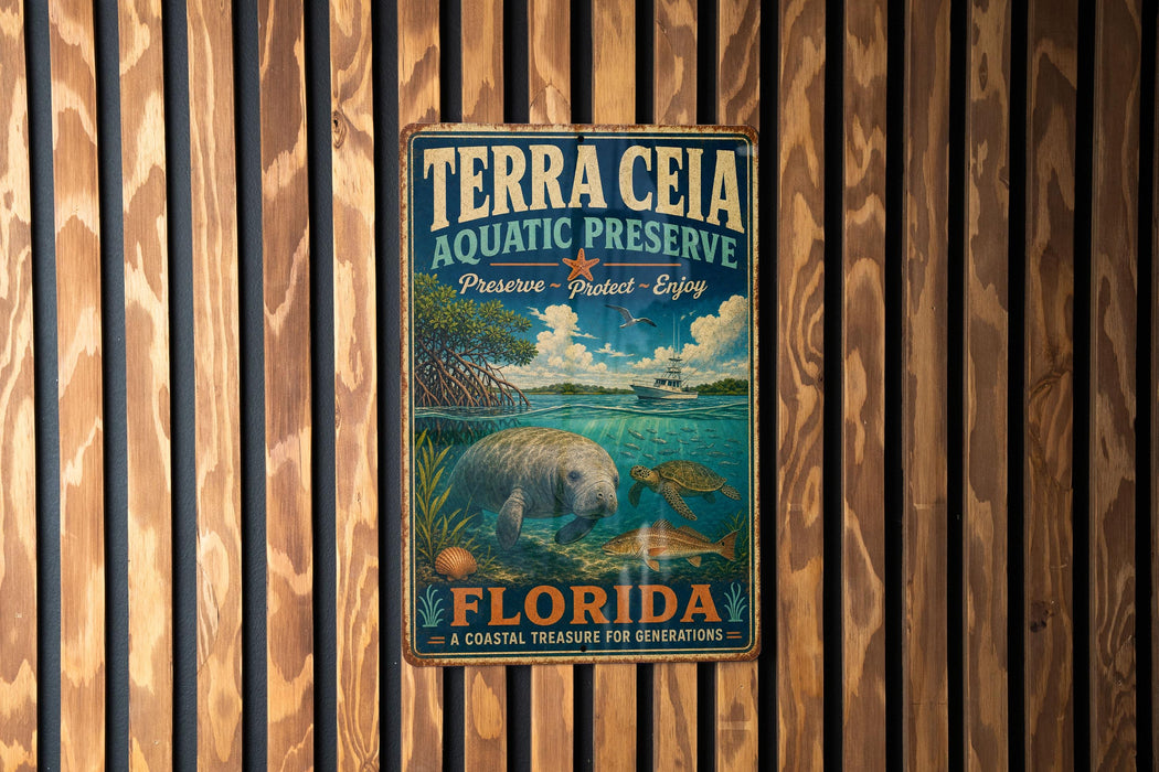 A vintage-style metal sign for Terra Ceia Aquatic Preserve, featuring an illustration of a manatee and other marine life, is displayed on a wooden wall.