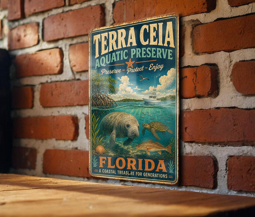 A vintage-style metal sign with the text "TERRA CEIA AQUATIC PRESERVE" and "Preserve, Protect, Enjoy" is displayed on a brick wall.