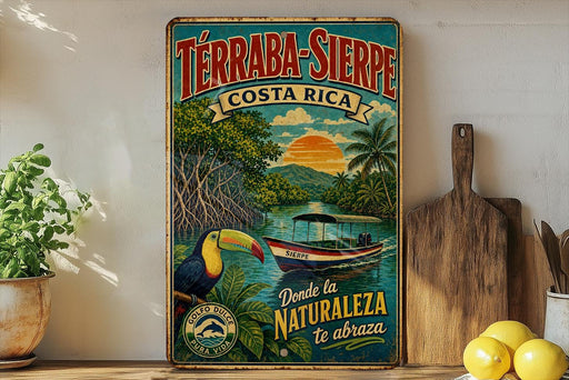 A vintage-style metal sign advertising a tour to the terrabana region in Costa Rica, featuring a colorful illustration of a tropical landscape with a boat, palm trees, and a toucan.