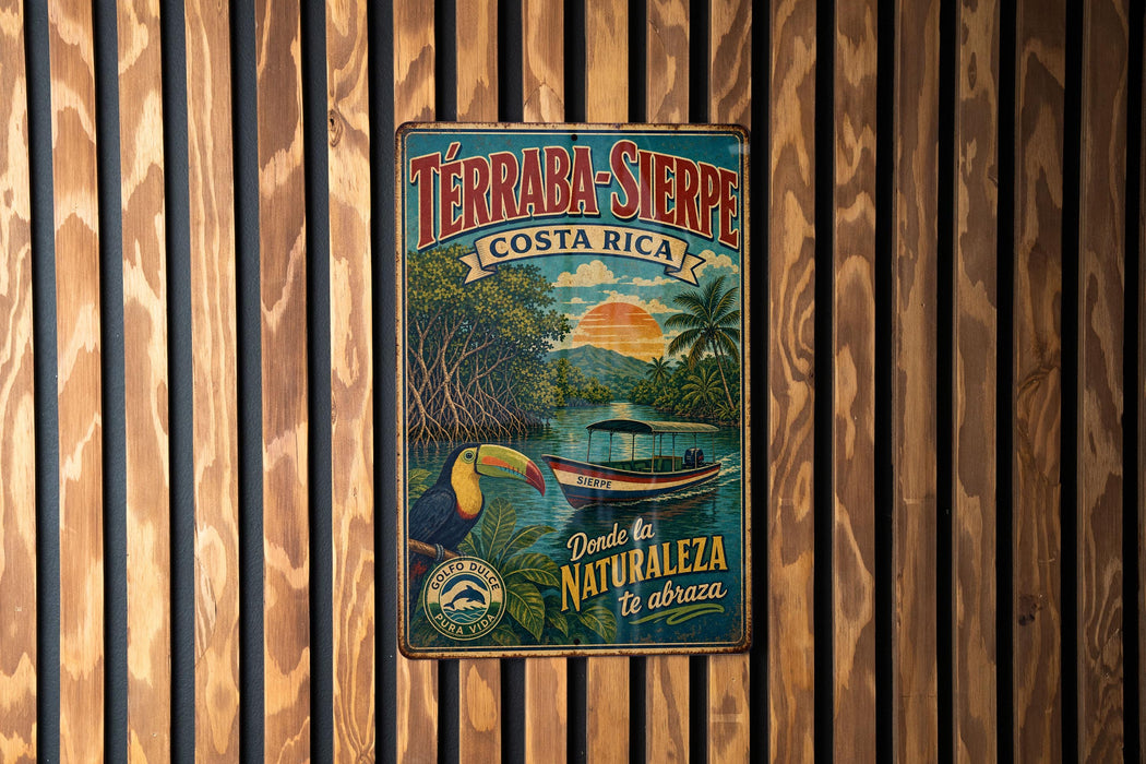 A vintage-style metal sign with a tropical landscape and a bird, hanging on a wooden wall.