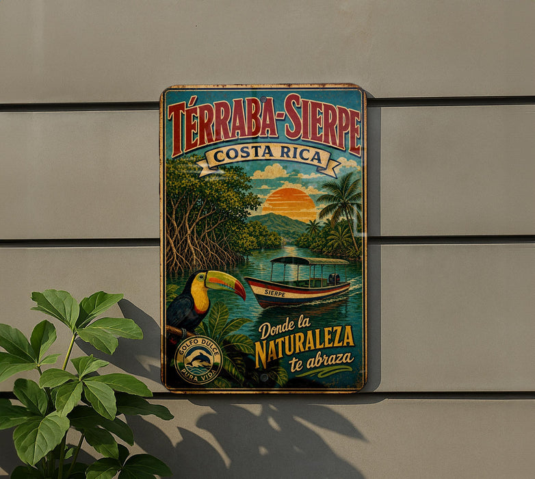 A vintage-style sign advertising "Terra-Sierpe Costa Rica" with a tropical landscape and a boat, mounted on a wall.