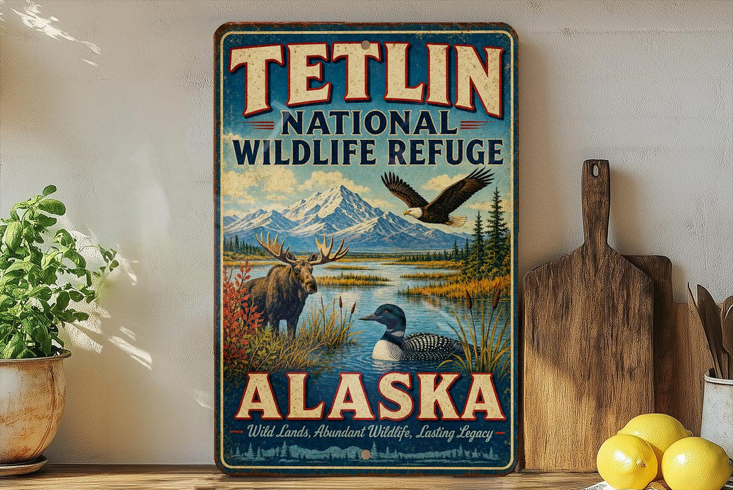 A vintage-style sign for Teltlin National Wildlife Refuge in Alaska, featuring wildlife such as a moose, eagle, and loon.