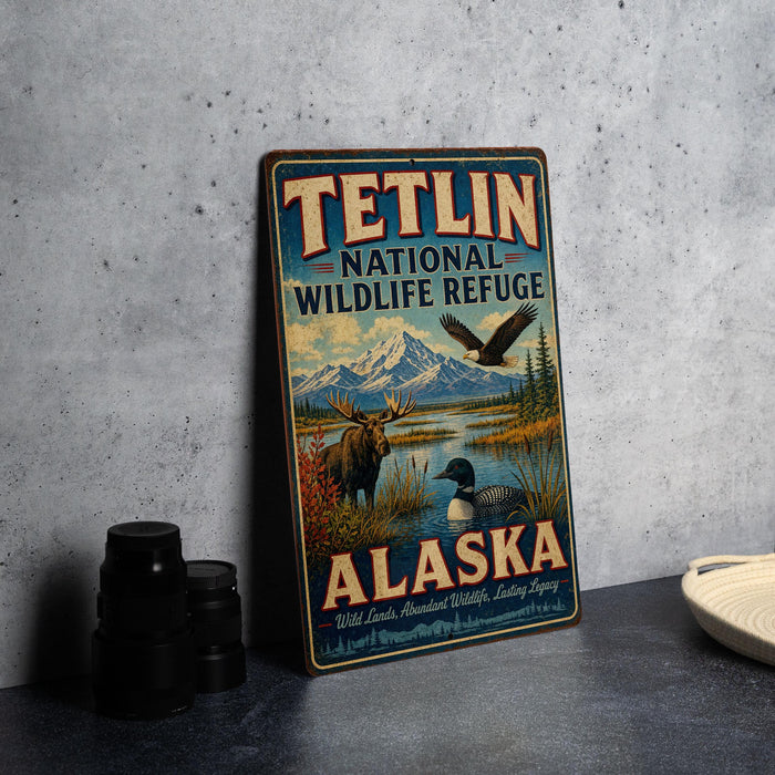 A vintage-style metal sign for Teltlin National Wildlife Refuge in Alaska, featuring wildlife illustrations such as a moose, eagle, and ducks.