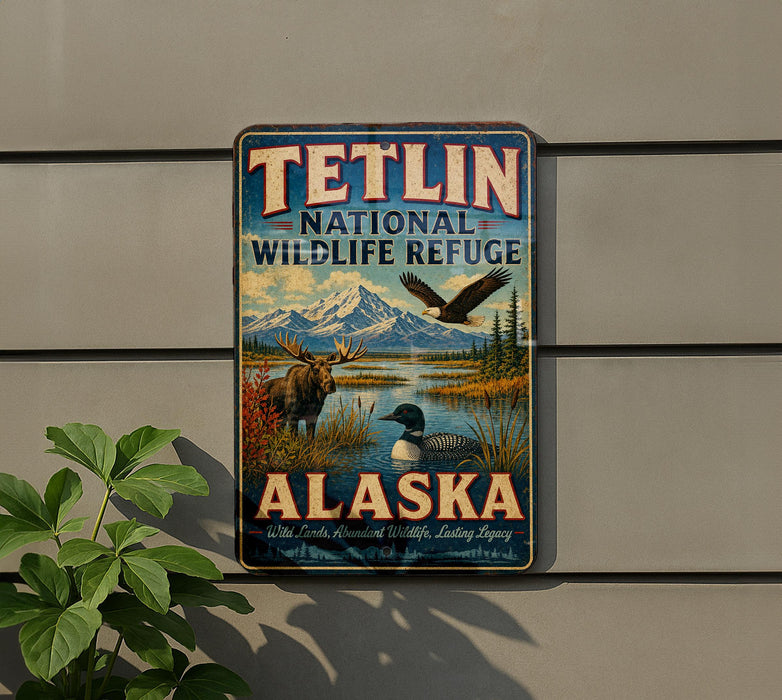 A vintage-style metal sign for Teltlin National Wildlife Refuge in Alaska, featuring wildlife such as a moose, eagle, and loon.