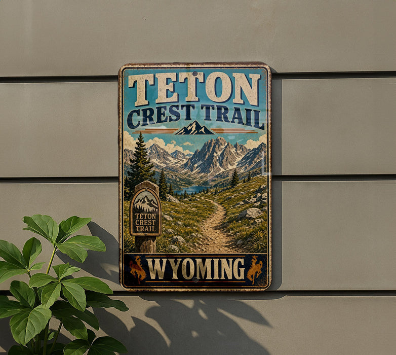 A vintage-style metal sign for the Teton Crest Trail in Wyoming, featuring a scenic mountain landscape and trail marker.