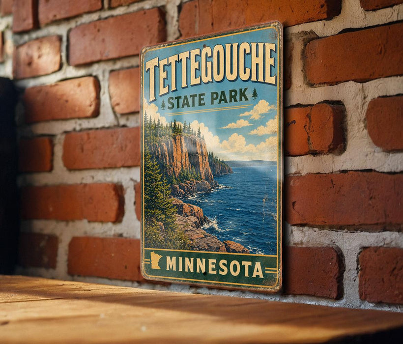 A vintage-style metal sign for Tettegouche State Park in Minnesota, featuring a scenic landscape with a cliff overlooking the ocean.