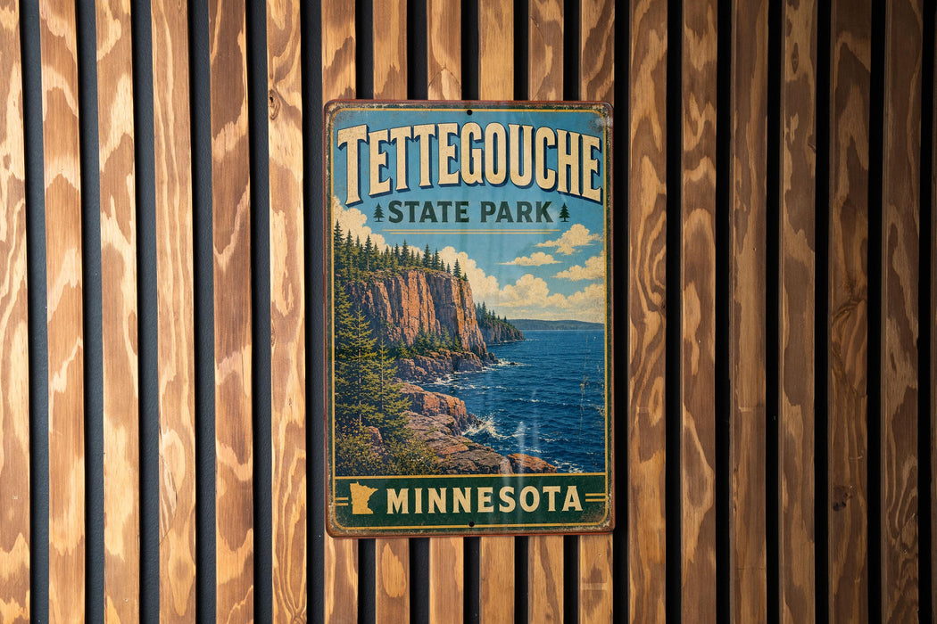 A vintage metal sign for Tettegouche State Park in Minnesota, featuring a scenic landscape with a cliff overlooking the ocean.