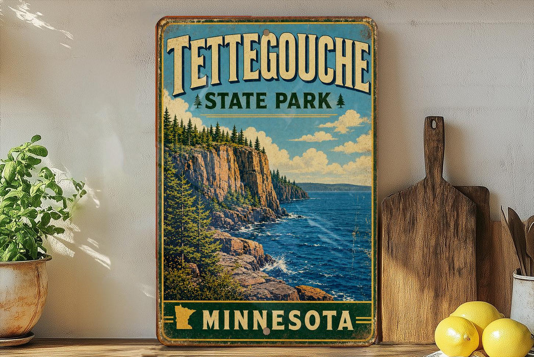 A vintage-style metal sign for Tettegouche State Park in Minnesota, featuring a scenic landscape with a cliff overlooking the ocean.