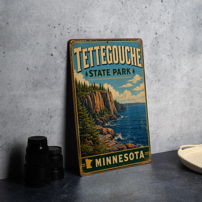 A vintage metal sign for Tettegouche State Park in Minnesota, featuring a scenic landscape with cliffs and a lake.
