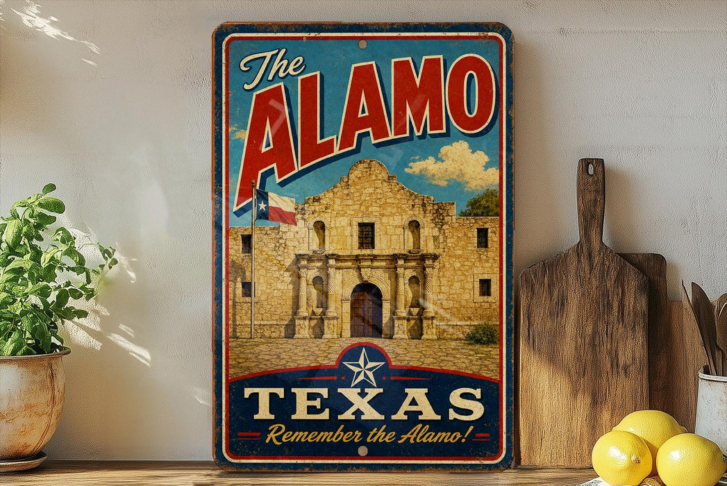 A vintage-style metal sign with the text "The Alamo" and "Texas Remember the Alamo!" displayed prominently, featuring an illustration of the historic Alamo building.