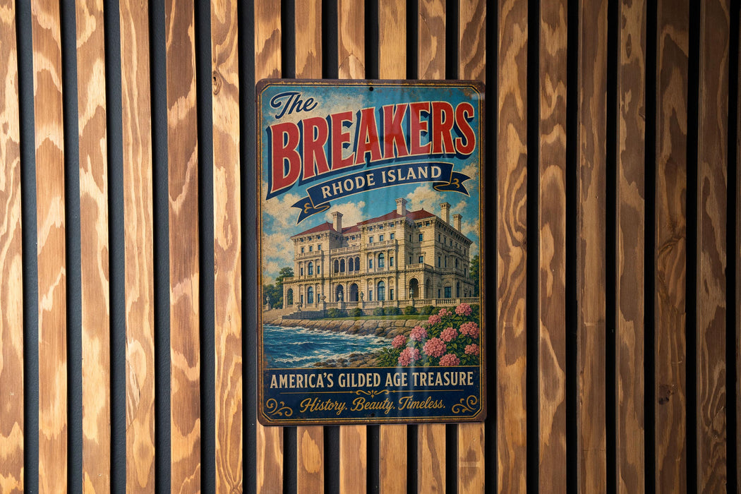 A vintage metal sign for "The Breakers" in Rhode Island, featuring a large illustration of a mansion with a river and flowers in the foreground.