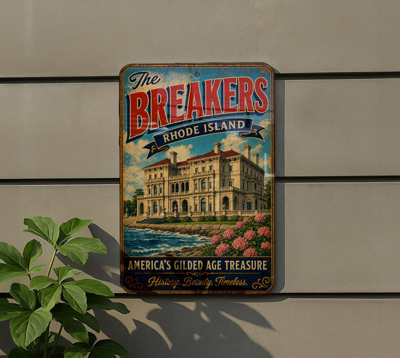 A vintage-style metal sign with the text "The Breakers" and "Rhode Island" is displayed on a wall, featuring an illustration of a building and a river.
