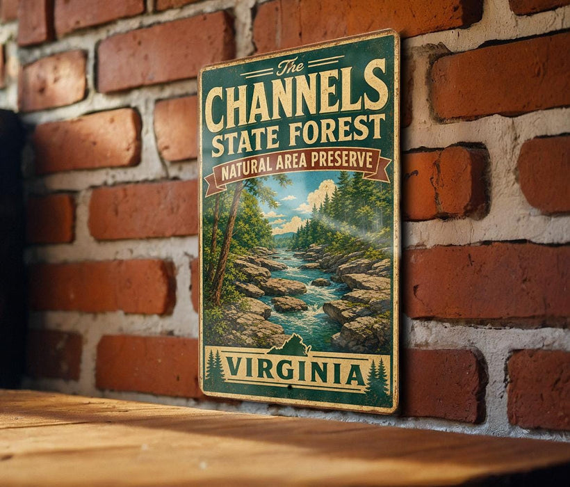 A vintage metal sign for the Channels State Forest in Virginia, featuring a scenic landscape with a river and trees.