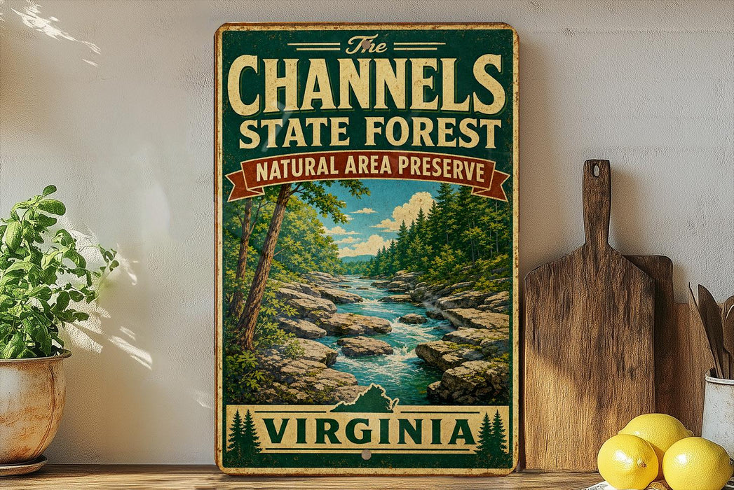 A vintage-style sign for "The Channels State Forest" in Virginia, featuring a scenic landscape with a river and forest.