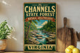 A vintage-style sign for "The Channels State Forest" in Virginia, featuring a scenic landscape with a river and forest.