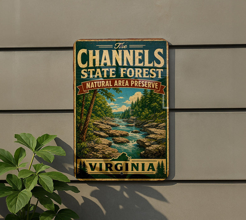 a vintage-style metal sign with a scenic landscape of a river and forest, mounted on a wall.