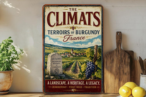 A vintage-style sign advertising "The Climats" wine from Burgundy, France, featuring a landscape with vineyards and a gravestone.