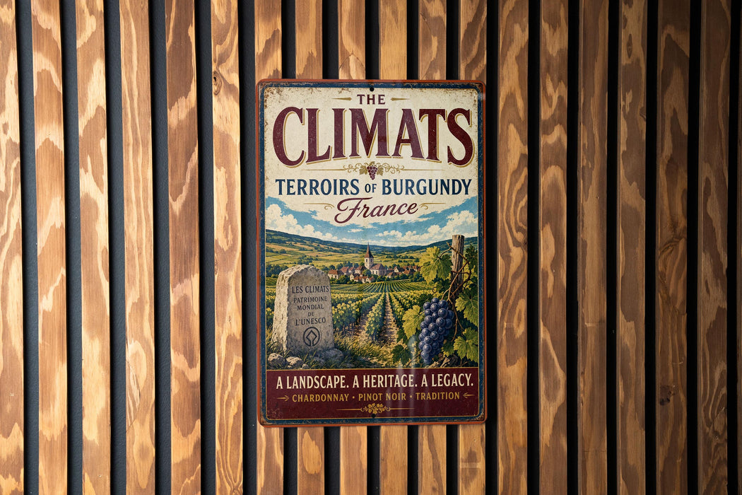A vintage metal sign with the title "The Climats Terroirs of Burgundy France" displayed on a wooden wall.
