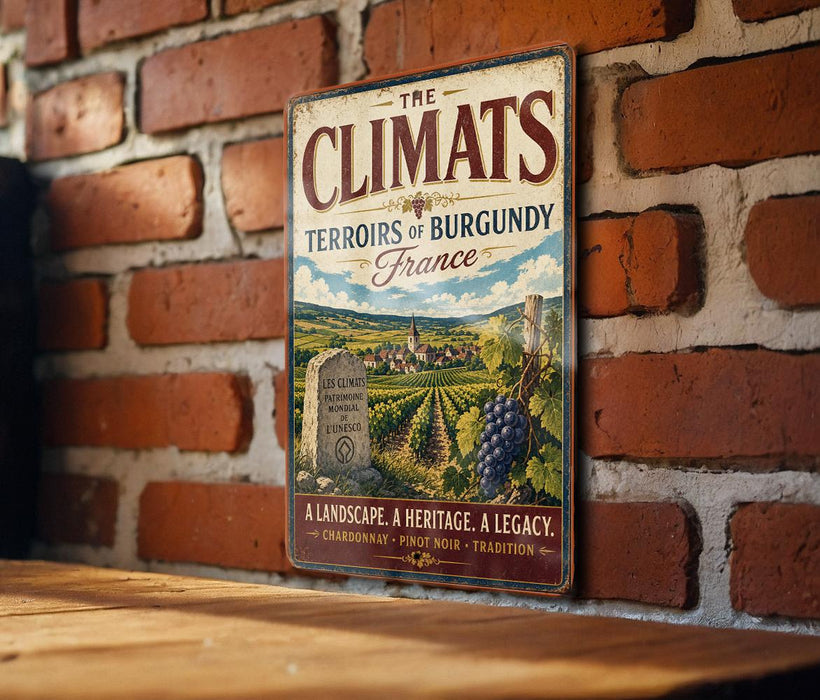 a vintage-style metal sign with a landscape and vineyard scene, mounted on a brick wall.