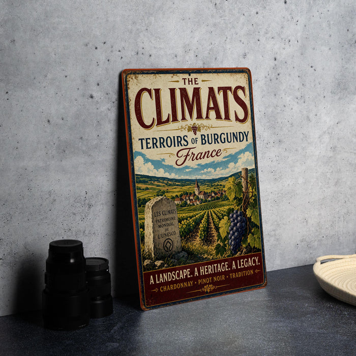 a vintage-style sign for "The Climats" wine, which is a French wine region. The sign displays a landscape with vineyards and a monument, and it is placed on a table next to some black camera lenses.