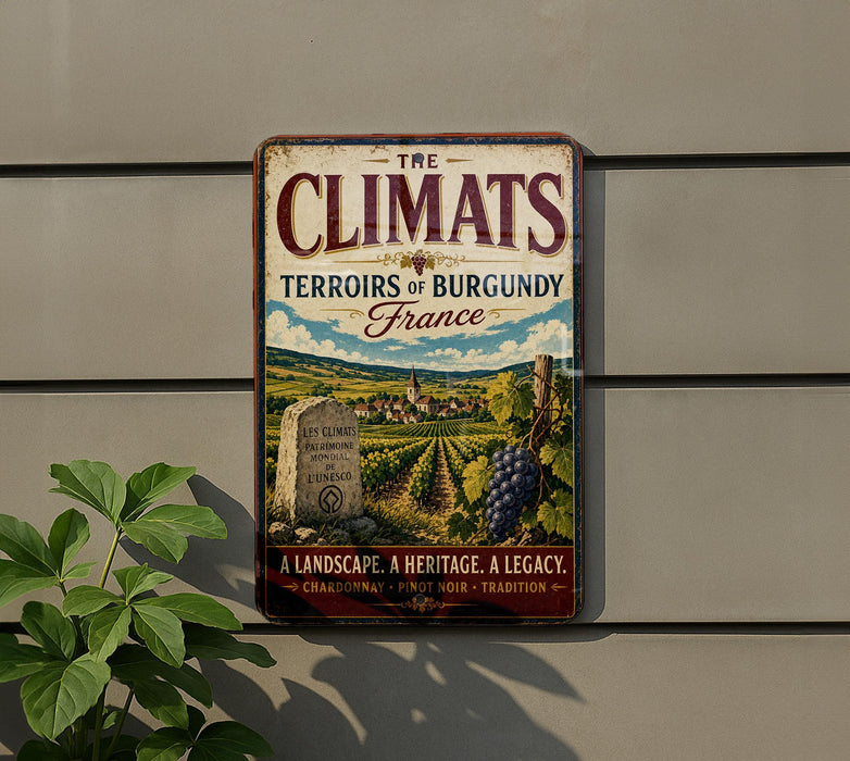 A vintage-style metal sign with the text "The Climats" and "Terroirs of Burgundy" is displayed on a wall, featuring an illustration of a vineyard landscape with grapes and a gravestone.
