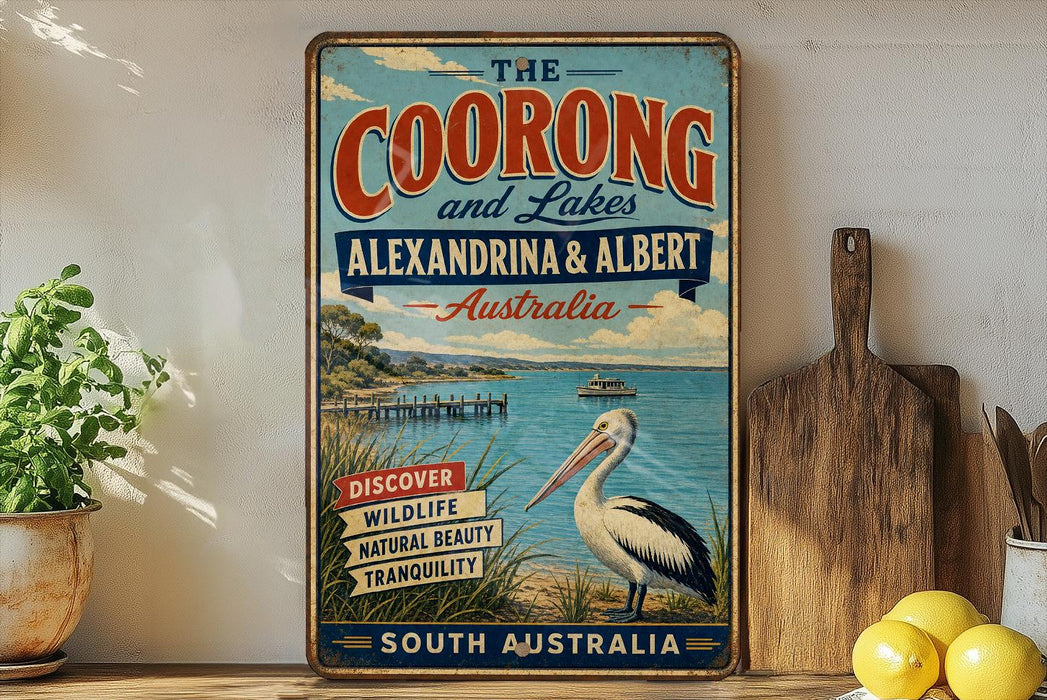 a vintage-style sign for "The Coorong and Lakes" in Australia, with a large illustration of a pelican and a scenic background.